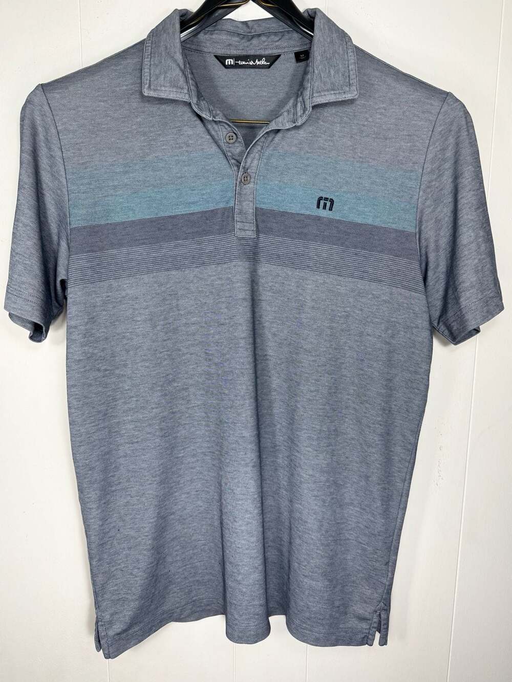 TravisMathew Men’s M Blue Striped Golf Polo Pima Cotton Performance Preppy